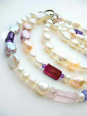 Perlenkette mit Turmalin, Rosenquarz und Amethyst